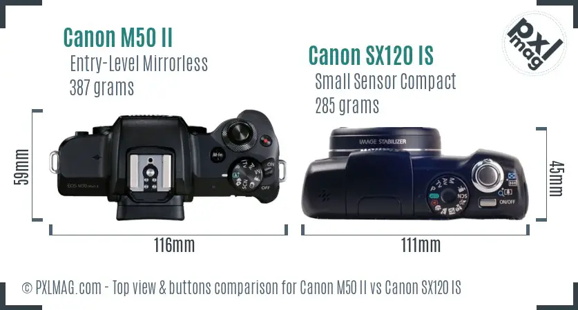 Canon M50 II vs Canon SX120 IS top view buttons comparison