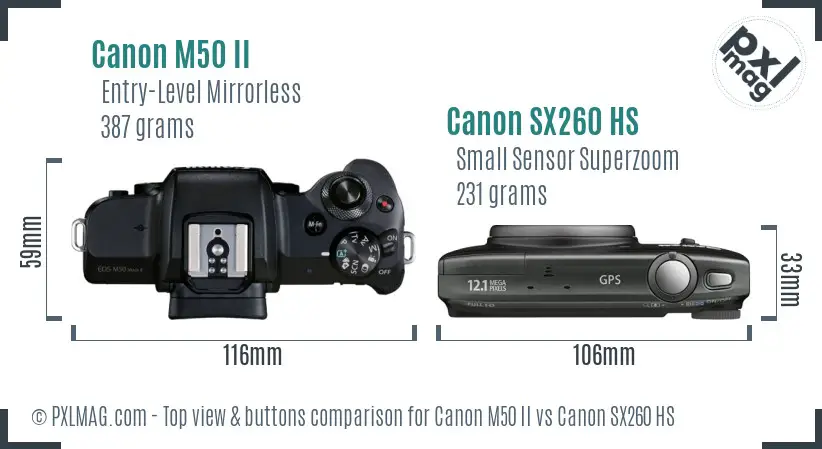 Canon M50 II vs Canon SX260 HS top view buttons comparison