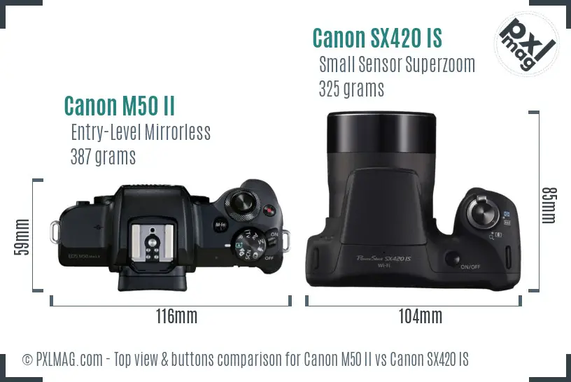Canon M50 II vs Canon SX420 IS top view buttons comparison Canon M50 II vs Canon SX420 IS top view buttons comparison