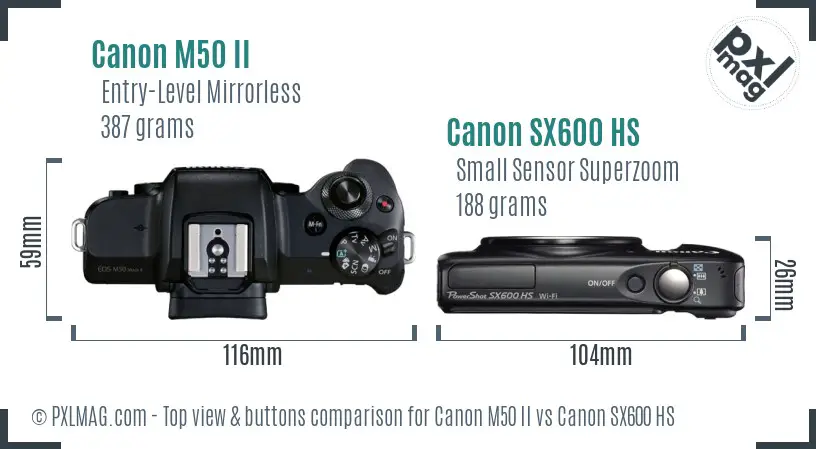 Canon M50 II vs Canon SX600 HS top view buttons comparison
