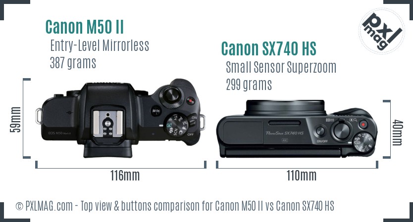 Canon M50 II vs Canon SX740 HS top view buttons comparison