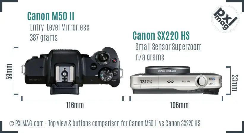 Canon M50 II vs Canon SX220 HS top view buttons comparison