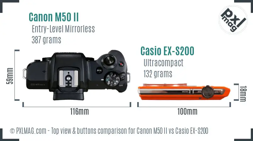 Canon M50 II vs Casio EX-S200 top view buttons comparison