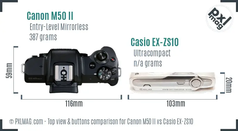Canon M50 II vs Casio EX-ZS10 top view buttons comparison Canon M50 II vs Casio EX-ZS10 top view buttons comparison