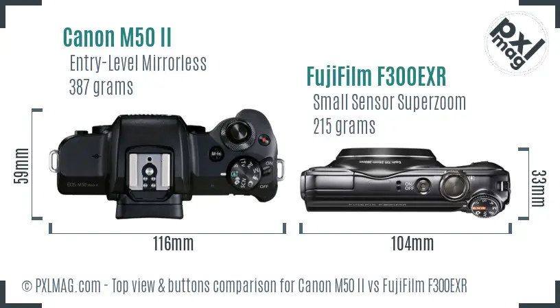 Canon M50 II vs FujiFilm F300EXR top view buttons comparison