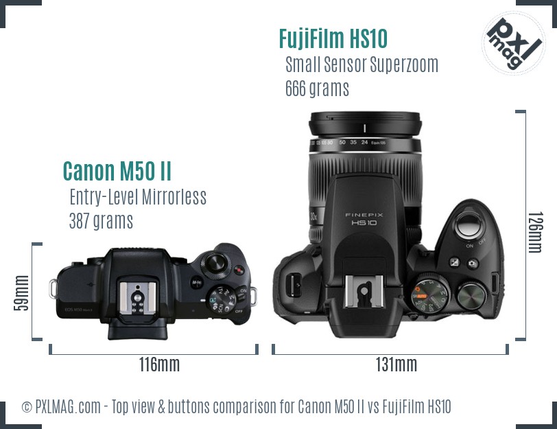 Canon M50 II vs FujiFilm HS10 top view buttons comparison