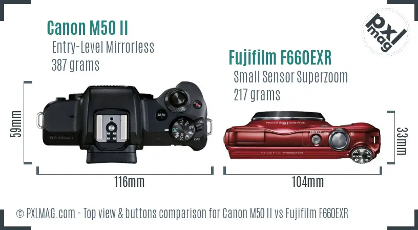 Canon M50 II vs Fujifilm F660EXR top view buttons comparison