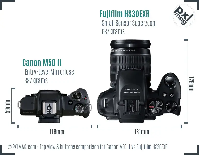 Canon M50 II vs Fujifilm HS30EXR top view buttons comparison