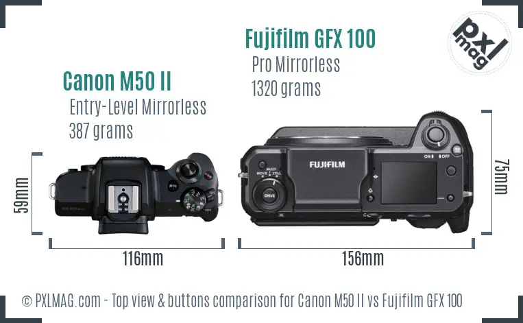 Canon M50 II vs Fujifilm GFX 100 top view buttons comparison