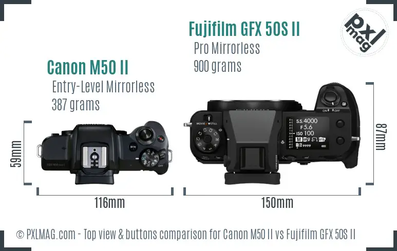 Canon M50 II vs Fujifilm GFX 50S II top view buttons comparison