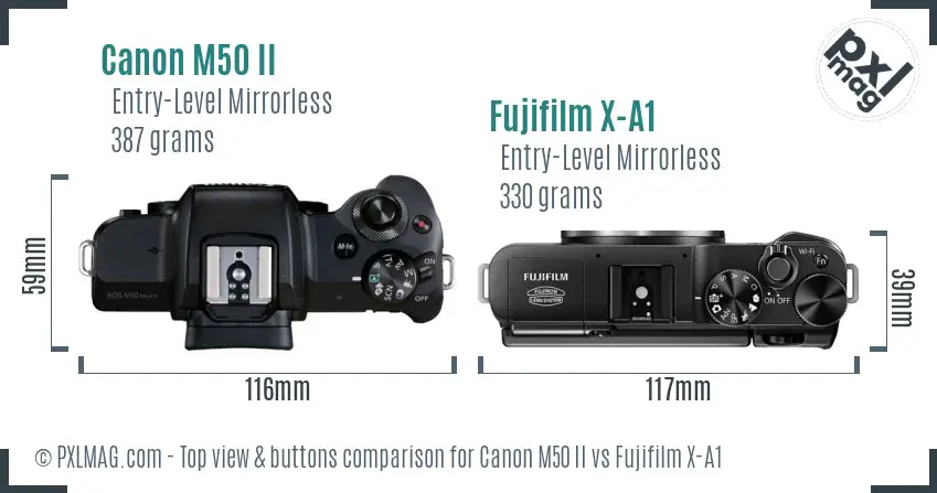 Canon M50 II vs Fujifilm X-A1 top view buttons comparison