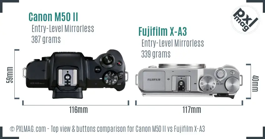 Canon M50 II vs Fujifilm X-A3 top view buttons comparison