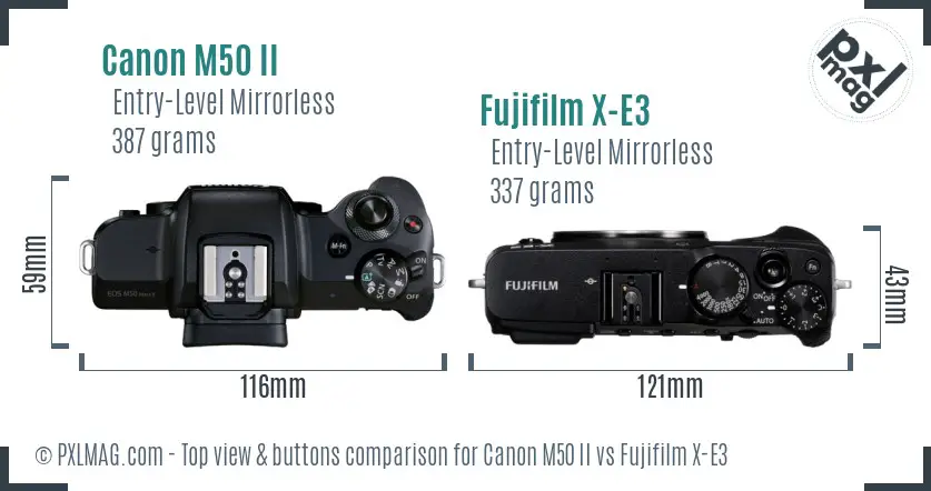 Canon M50 II vs Fujifilm X-E3 top view buttons comparison