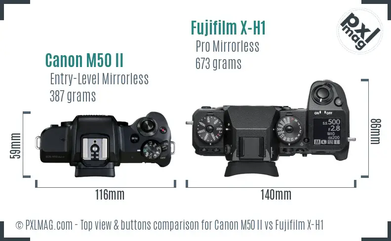Canon M50 II vs Fujifilm X-H1 top view buttons comparison