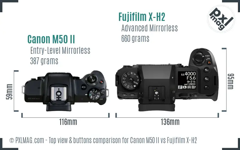 Canon M50 II vs Fujifilm X-H2 top view buttons comparison