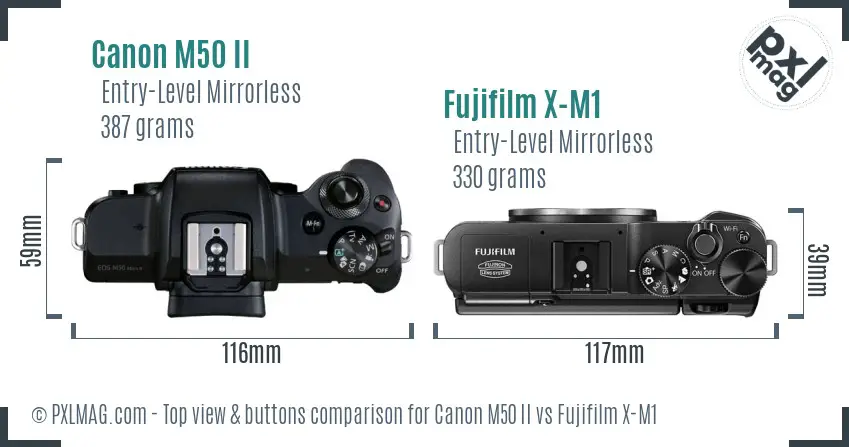 Canon M50 II vs Fujifilm X-M1 top view buttons comparison