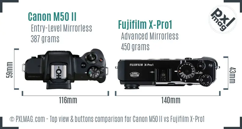 Canon M50 II vs Fujifilm X-Pro1 top view buttons comparison