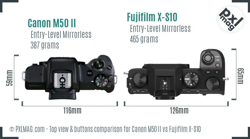 Canon M50 II vs Fujifilm X-S10 top view buttons comparison