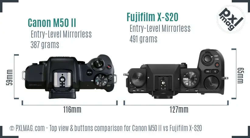 Canon M50 II vs Fujifilm X-S20 top view buttons comparison