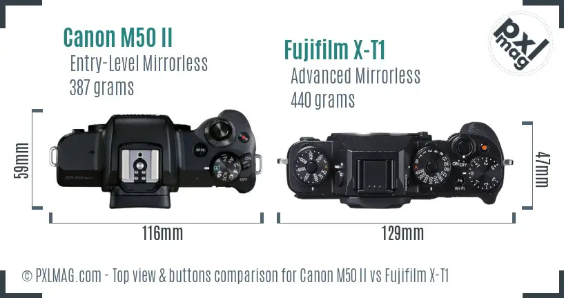 Canon M50 II vs Fujifilm X-T1 top view buttons comparison