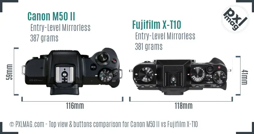 Canon M50 II vs Fujifilm X-T10 top view buttons comparison