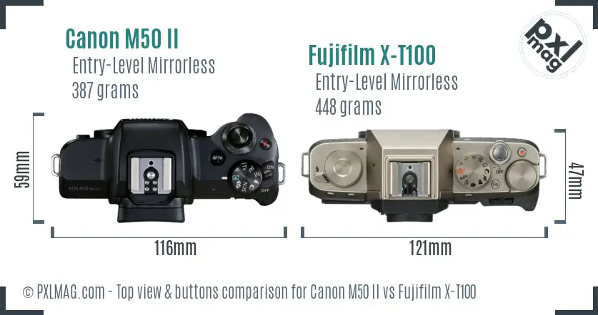 Canon M50 II vs Fujifilm X-T100 top view buttons comparison