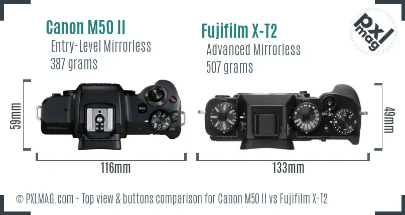 Canon M50 II vs Fujifilm X-T2 top view buttons comparison