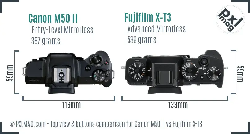 Canon M50 II vs Fujifilm X-T3 top view buttons comparison