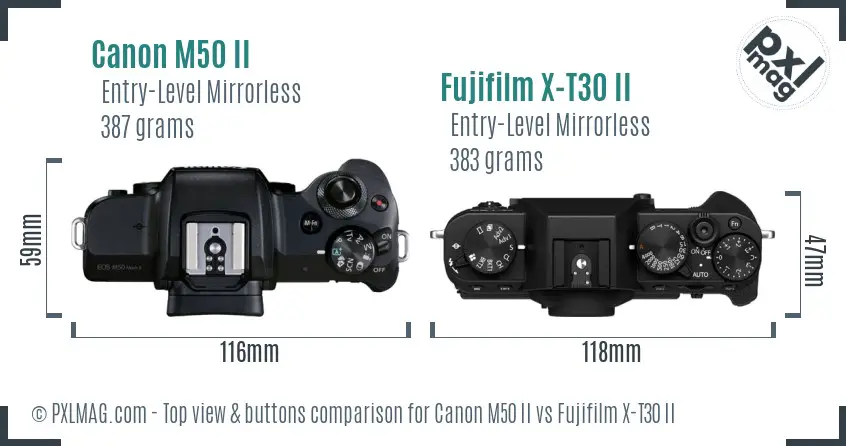 Canon M50 II vs Fujifilm X-T30 II top view buttons comparison