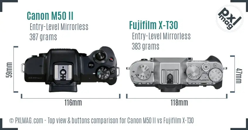 Canon M50 II vs Fujifilm X-T30 top view buttons comparison