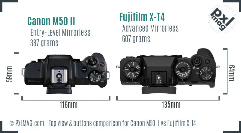 Canon M50 II vs Fujifilm X-T4 top view buttons comparison