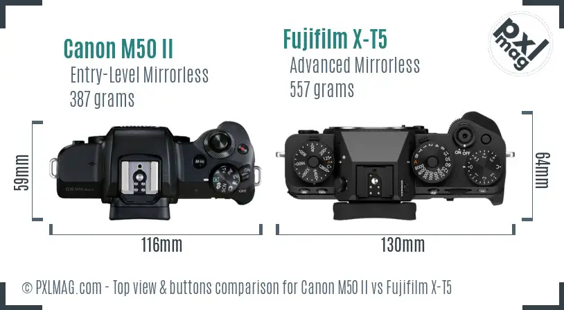 Canon M50 II vs Fujifilm X-T5 top view buttons comparison Canon M50 II vs Fujifilm X-T5 top view buttons comparison