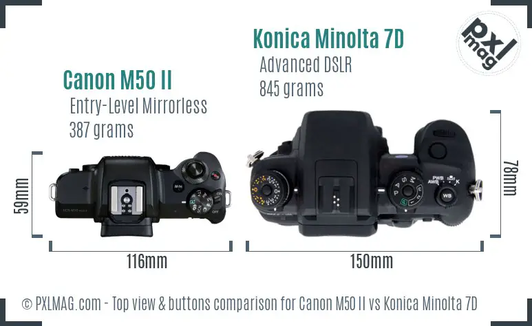 Canon M50 II vs Konica Minolta 7D top view buttons comparison Canon M50 II vs Konica Minolta 7D top view buttons comparison