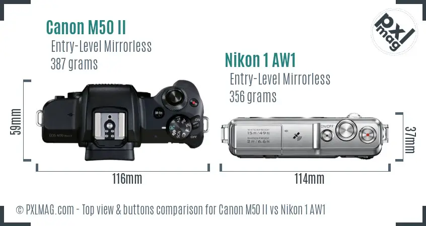 Canon M50 II vs Nikon 1 AW1 top view buttons comparison