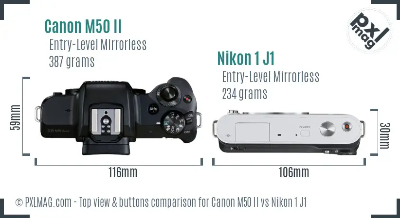 Canon M50 II vs Nikon 1 J1 top view buttons comparison