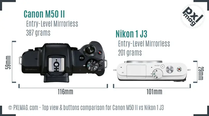 Canon M50 II vs Nikon 1 J3 top view buttons comparison