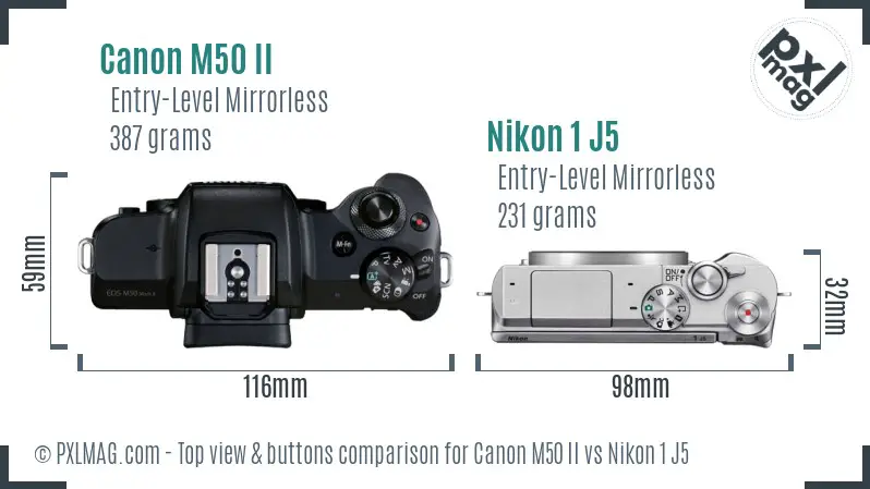 Canon M50 II vs Nikon 1 J5 top view buttons comparison