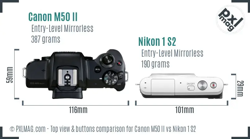 Canon M50 II vs Nikon 1 S2 top view buttons comparison