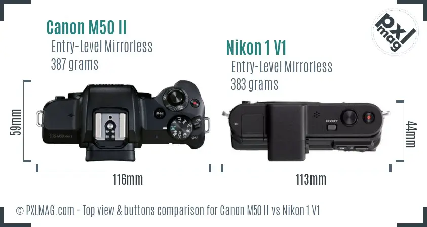 Canon M50 II vs Nikon 1 V1 top view buttons comparison