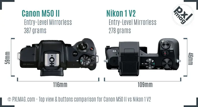Canon M50 II vs Nikon 1 V2 top view buttons comparison