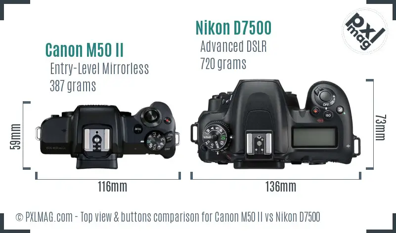 Canon M50 II vs Nikon D7500 top view buttons comparison