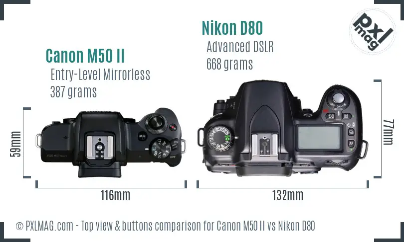 Canon M50 II vs Nikon D80 top view buttons comparison