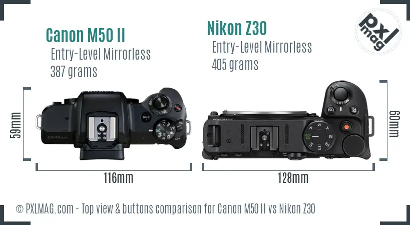 Canon M50 II vs Nikon Z30 top view buttons comparison