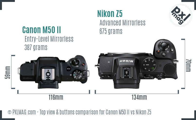 Canon M50 II vs Nikon Z5 top view buttons comparison