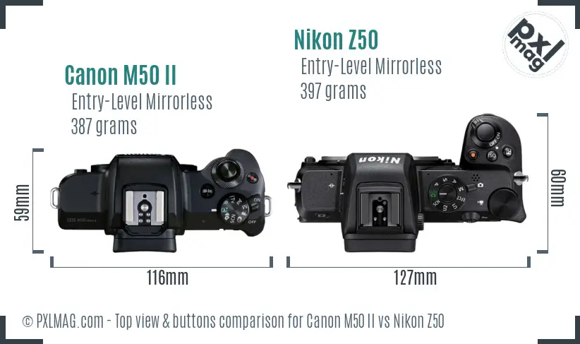 Canon M50 II vs Nikon Z50 top view buttons comparison