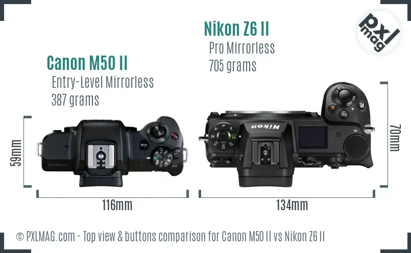 Canon M50 II vs Nikon Z6 II top view buttons comparison