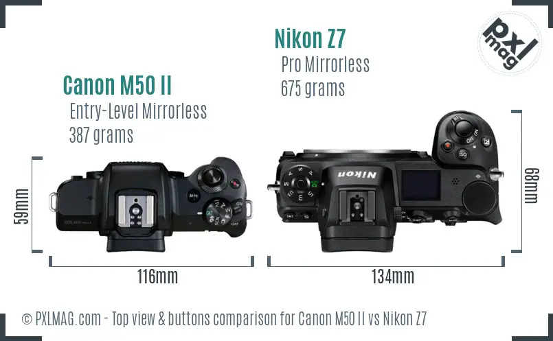 Canon M50 II vs Nikon Z7 top view buttons comparison