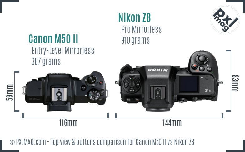 Canon M50 II vs Nikon Z8 top view buttons comparison