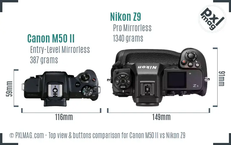 Canon M50 II vs Nikon Z9 top view buttons comparison