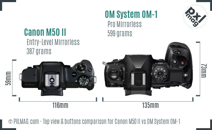 Canon M50 II vs OM System OM-1 top view buttons comparison